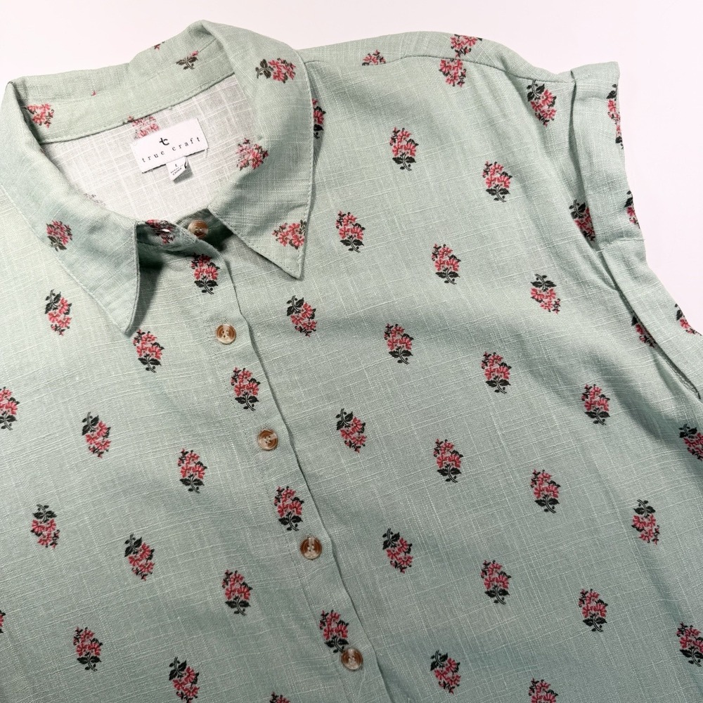 True Craft Women's Linen Blend Cap Sleeve Top Green Button Down Floral Print L